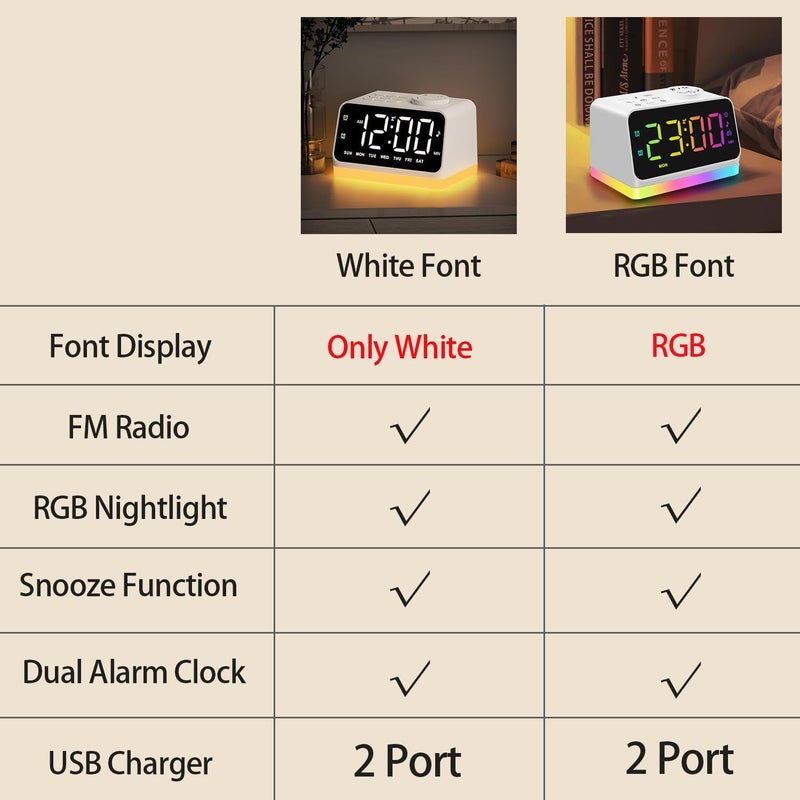 Jall Digital Alarm Clock with FM Radio for Bedroom, 8 Colors Night Light with Charging Port, Sleep Sound Machines with Timer, Dual Alarm (White with White Font) - Image 2